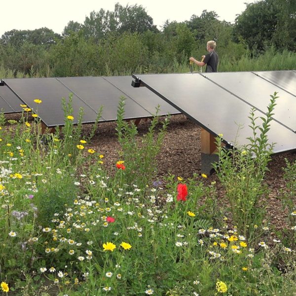 Zonnepanelen waar de veldschuur stond.